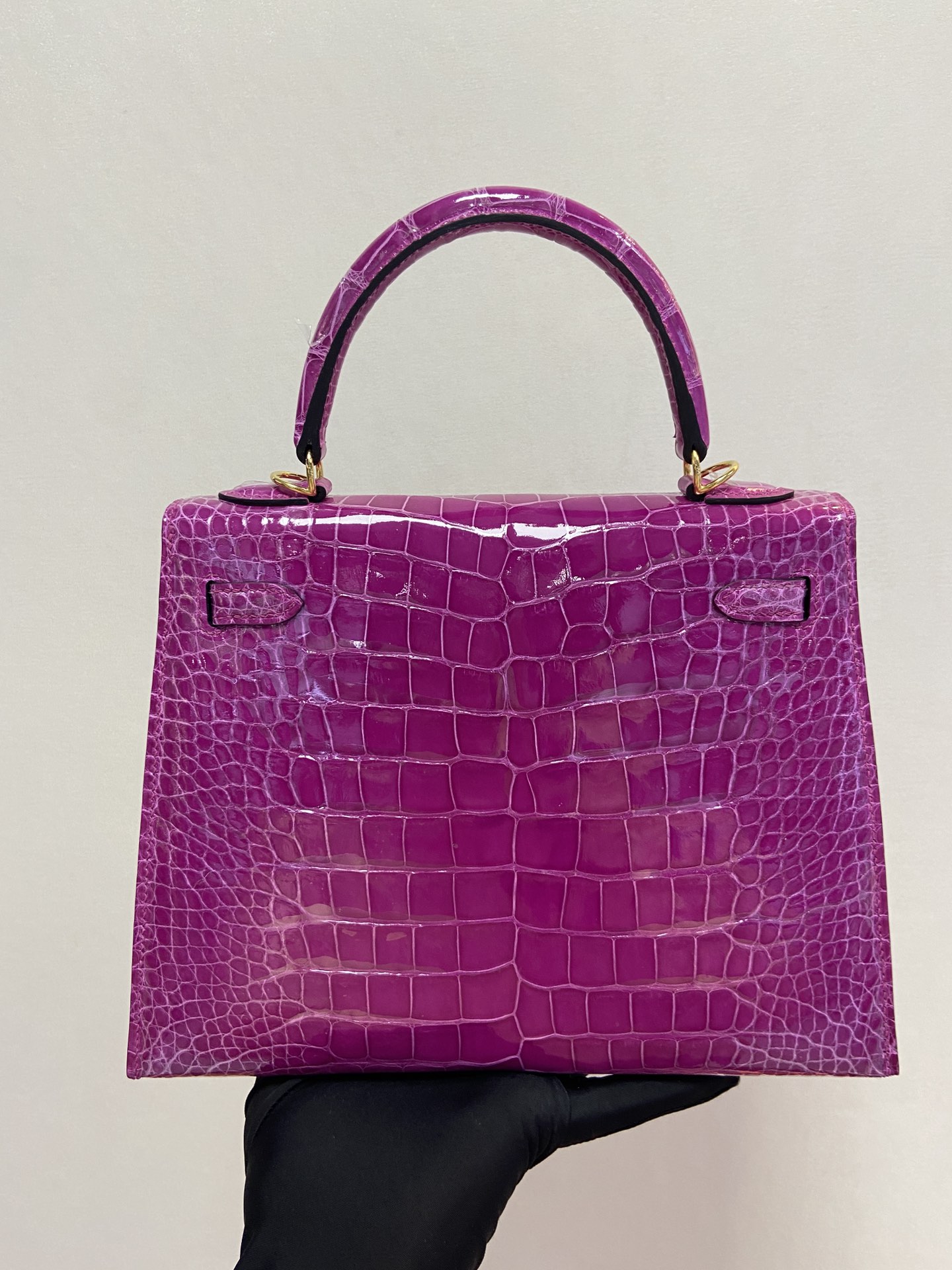 Hermes Kelly 25cm Handbag Shoulder Bag In Purple Shiny Crocodile Niloticus Leather